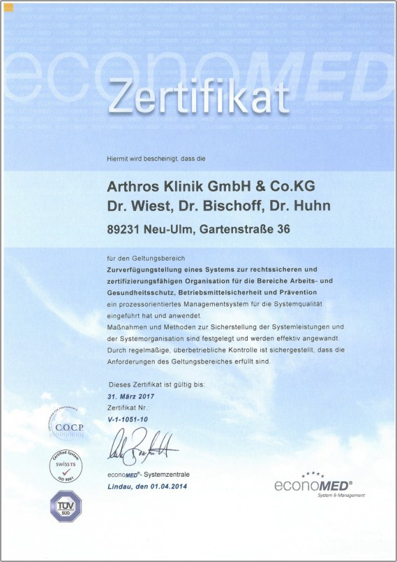 Zertifikat Arthros Klinik economed