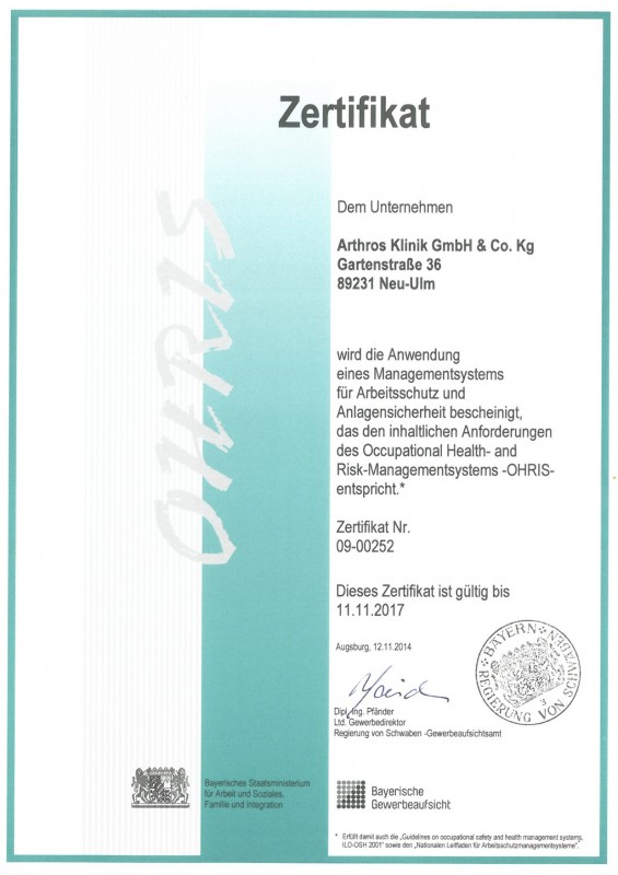 Zertifikat Arthros Klinik Ohris