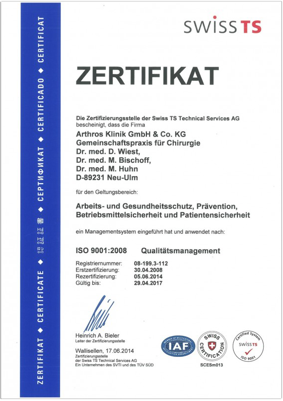 Zertifikat Arthros Klinik Swiss TS