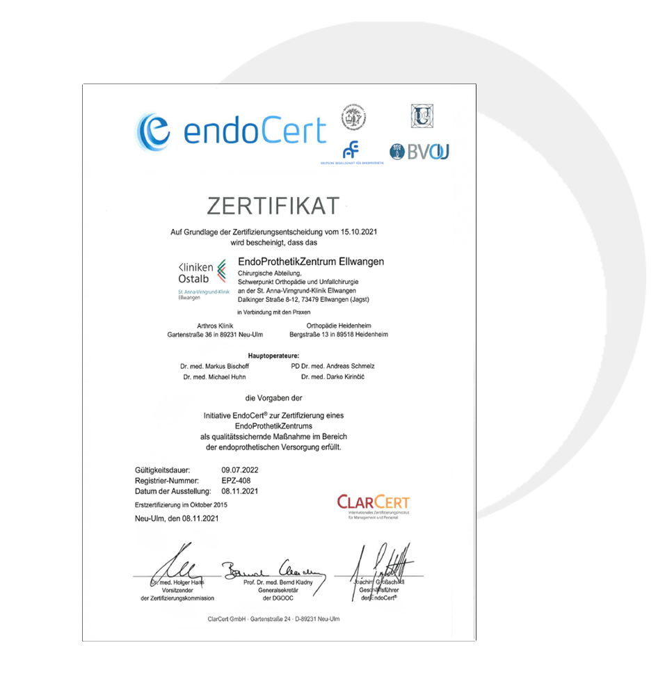 Zertifikat endoCert Arthros Klinik